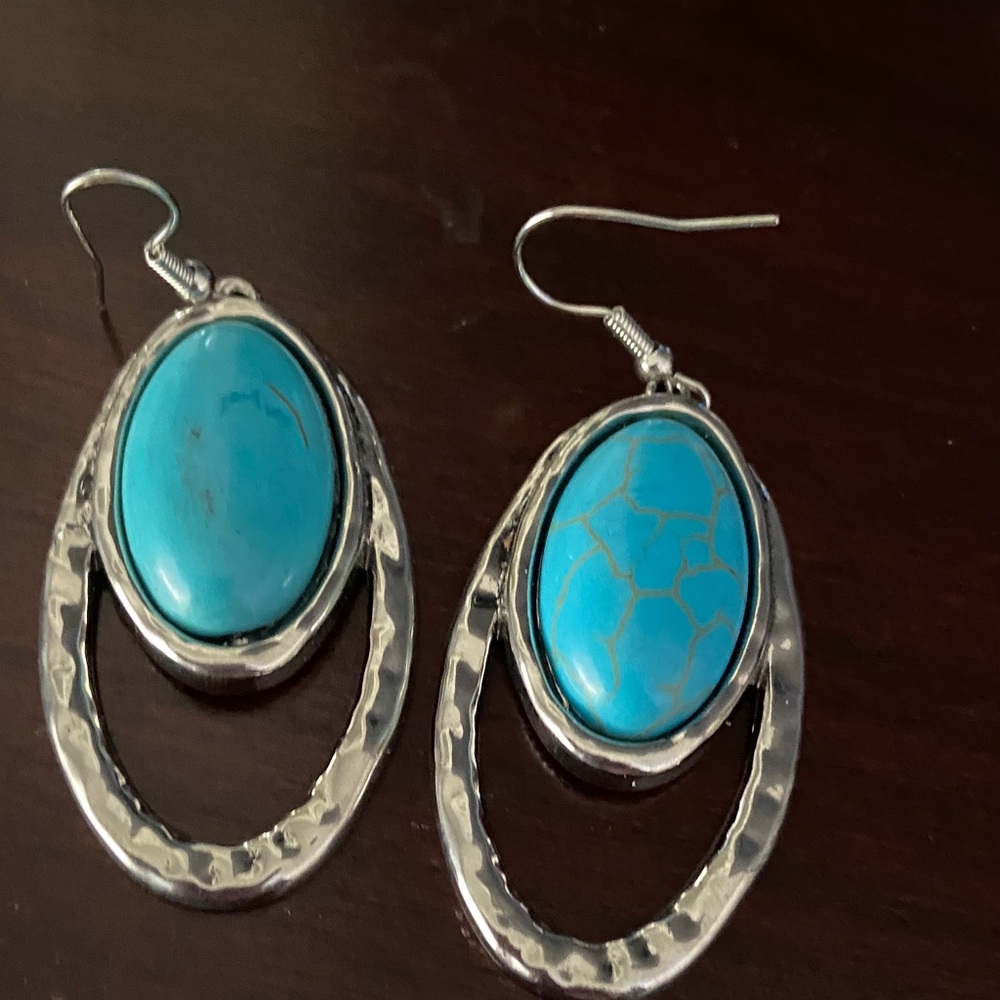 Silver and Blue Oval Earrings